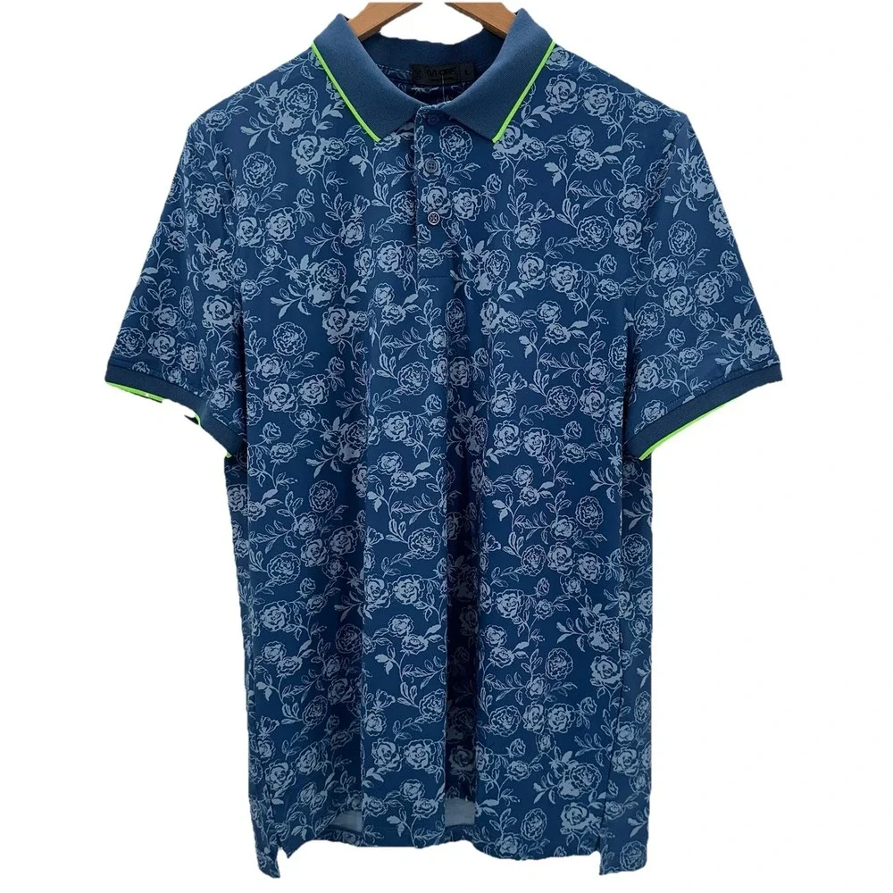 New G/Fore Large Golf Polo Peony Sketch Tech Jersey Floral Print Slate‎ Blue